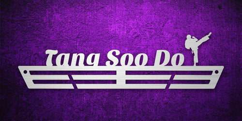 Custom images gallery martial arts medal rack with 'Tang Soo Do' text and kicking silhouette, ideal for karate medals.