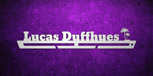 Custom images gallery medal display rack with 'Lucas Duffhues' and palm tree design, great for tropical or beach-themed achievements.