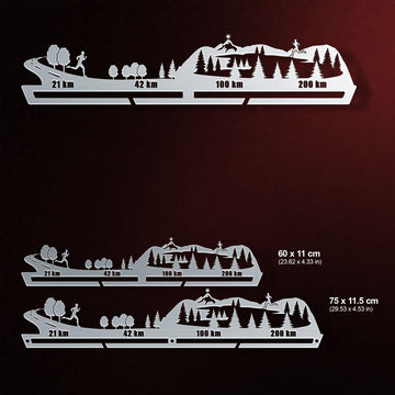 Two size options of 21KM 42KM 100KM 200KM Medal Hanger Display shown with measurements in centimeters and inches.