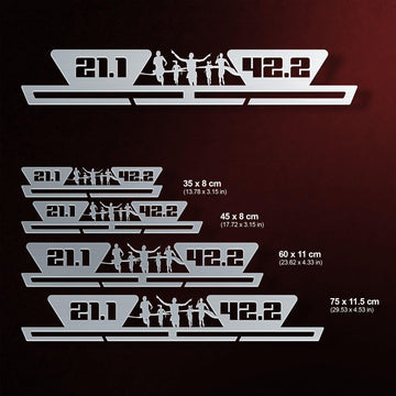 Multiple size options of the 21.1 - 42.2 Medal Hanger Display in stainless steel, designed for marathon and half-marathon medals.