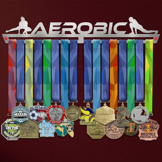 Aerobic Medal Hanger Display showcasing colorful ribbons and various medals on a stainless steel rack with aerobic silhouettes.