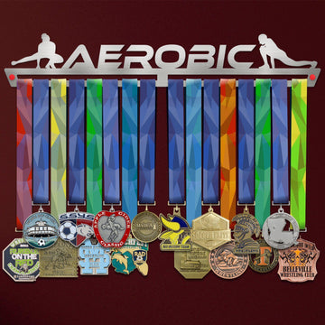 Aerobic Medal Hanger Display showcasing colorful ribbons and various medals on a stainless steel rack with aerobic silhouettes.