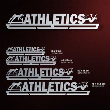 Four size options of Athletics Medal Hanger Display FEMALE shown with dimensions, suitable for different medal collection needs.