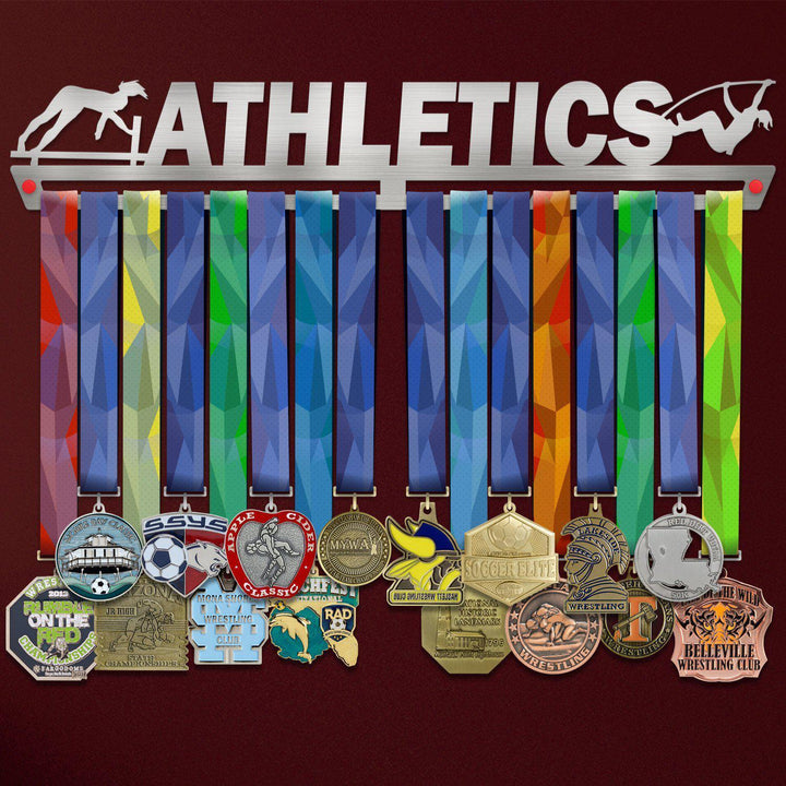 Athletics Medal Hanger Display FEMALE holding colorful ribbons and various medals, ideal for organizing female athletics achievements.