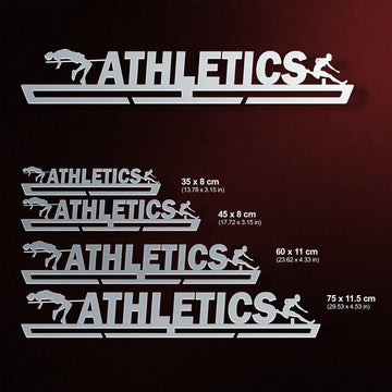 Multiple size options of the MALE Athletics Medal Hanger Display shown with dimensions, suitable for different medal collections.