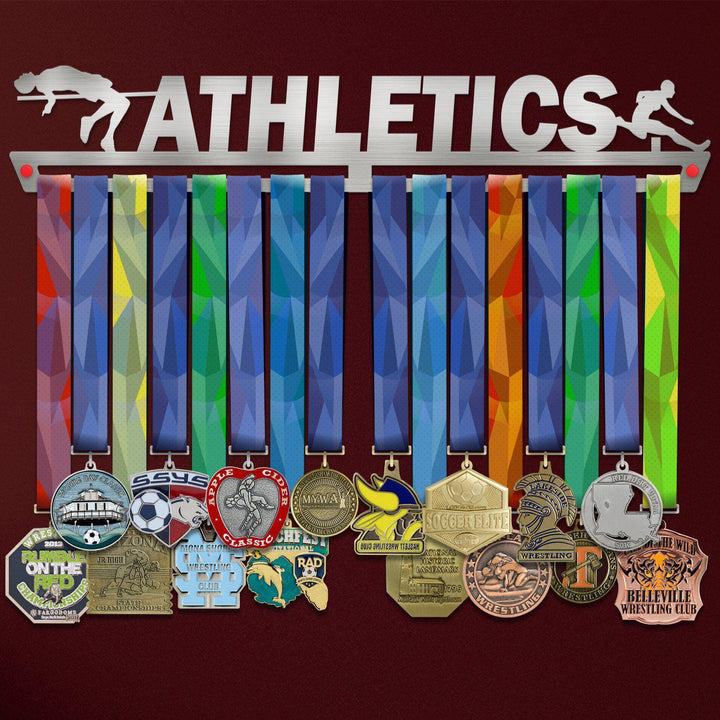 MALE Athletics Medal Hanger Display holding colorful ribbons and various sports medals, ideal for organizing and showcasing achievements.