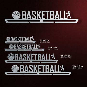 Basketball Medal Hanger Display FEMALE shown in four size options with dimensions, suitable for various medal quantities and wall spaces.