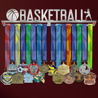Basketball Medal Hanger Display FEMALE holding multiple colorful medals, ideal for organizing and showcasing basketball achievements.