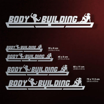 Body Building Medal Hanger Display FEMALE shown in four size options from 35 cm to 75 cm, suitable for different medal collections.