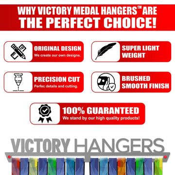 Victory Hangers promotional graphic highlighting features like original design, lightweight, precision cut, and brushed finish for medal hangers.