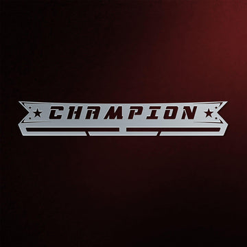Stainless steel Champion Medal Hanger Display V2 with bold cutout lettering and star accents, perfect for modern medal organization.