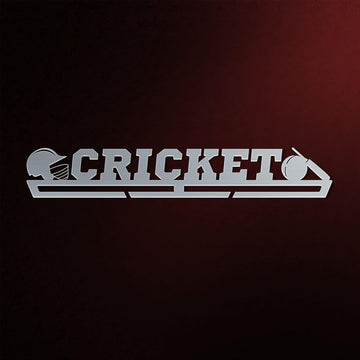 Stainless steel Cricket Medal Hanger Display featuring helmet and bat icons with bold squared font, ideal for organizing medals.