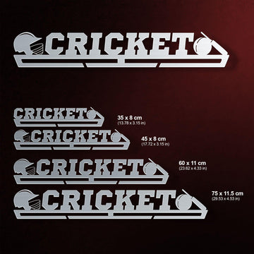 Cricket Medal Hanger Display shown in four sizes with dimensions, crafted from stainless steel for holding multiple medals.