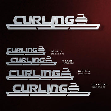 Curling Medal Hanger Display V1 shown in four size options with dimensions, offering versatile medal storage for different collection sizes.