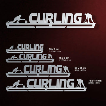 Four size options of the Curling V2 Medal Hanger Display shown with dimensions, all featuring a curling-themed stainless steel design.