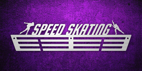Custom images gallery medal hanger with 'Speed Skating' text and skater silhouettes, perfect for ice skating medals.