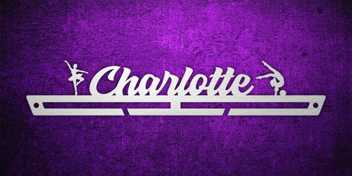 Custom images gallery gymnastics medal rack with 'Charlotte' name and gymnast silhouettes, great for young athletes.