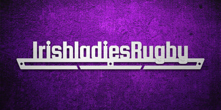 Custom images gallery rugby medal rack with 'IrishladiesRugby' text, ideal for women's rugby team achievements.