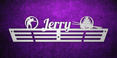 Custom images gallery billiards medal hanger with 'Jerry' name and pool table icons, perfect for cue sports fans.