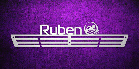 Custom images gallery swimming medal rack with 'Ruben' name and swimmer icon, perfect for aquatic sports medals.