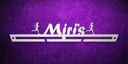 Custom images gallery running medal hanger with 'Miri's' and runner silhouettes, ideal for personalized race medal display.