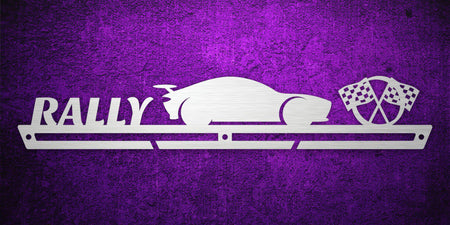 Custom images gallery rally car medal holder with racing car and checkered flags, ideal for motorsport enthusiasts.