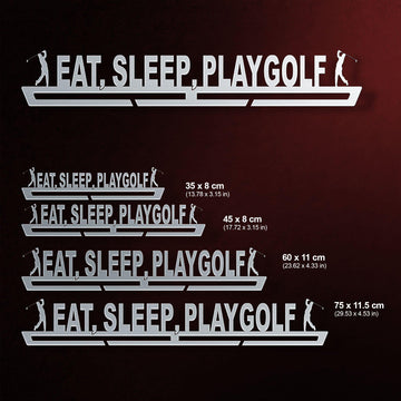 Eat Sleep Play Golf Medal Hanger Display shown in multiple sizes from 35 cm to 75 cm, suitable for 8 to 45 medals depending on size.