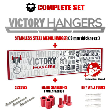 Complete set of Victory Hangers Fear No Distance Medal Hanger Display FEMALE including screws, wall plugs, spacers, and manual.