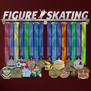 Figure Skating Medal Hanger Display showcasing multiple colorful medals on a stainless steel rack, ideal for skaters to organize awards.