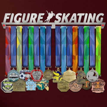 Figure Skating Medal Hanger Display showcasing multiple colorful medals on a stainless steel rack, ideal for skaters to organize awards.