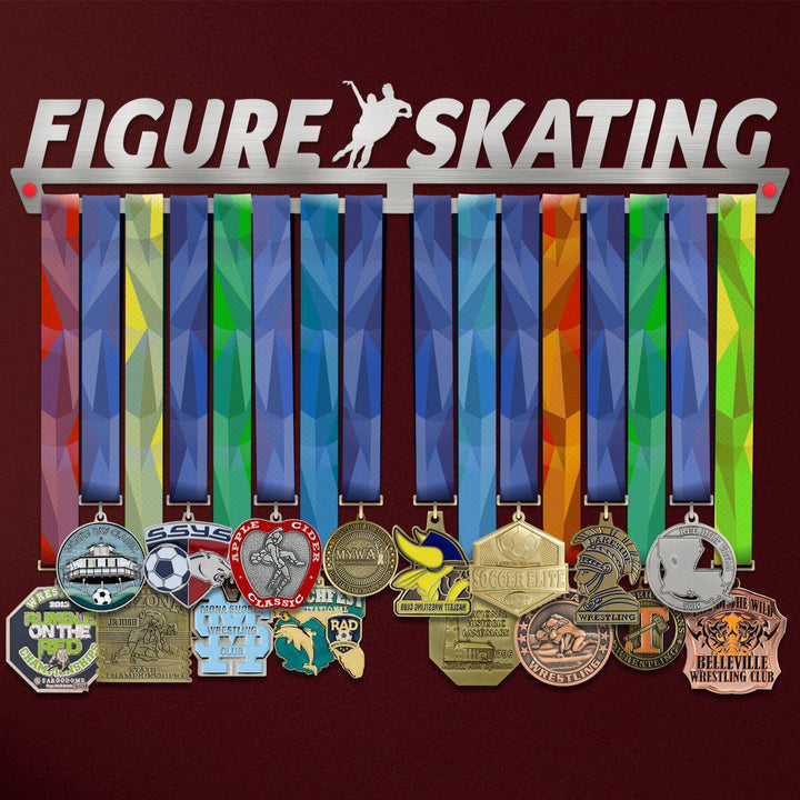 Figure Skating Medal Hanger Display showcasing multiple colorful medals on a stainless steel rack, ideal for skaters to organize awards.