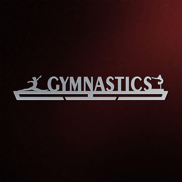 Victory Hangers® Gymnastics Medal Hanger Display FEMALE V1 in brushed steel with female gymnast silhouettes, ideal for organizing medals.