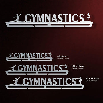 Gymnastics Medal Hanger Display FEMALE V1 available in 3 sizes: 45 cm, 60 cm, and 75 cm, designed for female gymnasts' medal collections.