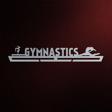Stainless steel Gymnastics Medal Hanger Display FEMALE V2 with gymnast silhouettes and bold 'GYMNASTICS' text, perfect for wall-mounted medal display.