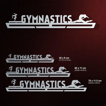 Three size options of Gymnastics Medal Hanger Display FEMALE V2 shown with measurements, offering flexibility for different medal collections.