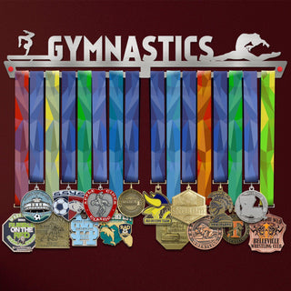 Gymnastics Medal Hanger Display FEMALE V2 holding colorful ribbons and various medals, ideal for organizing and showcasing gymnastics achievements.