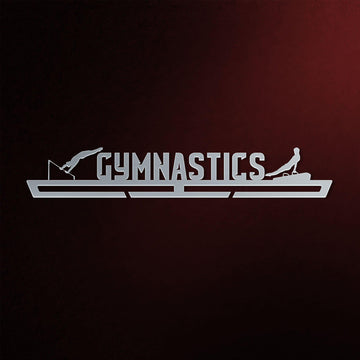 Stainless steel Gymnastics Medal Hanger Display MALE V2 featuring gymnast silhouettes and bold 'GYMNASTICS' text, ideal for organizing medals.