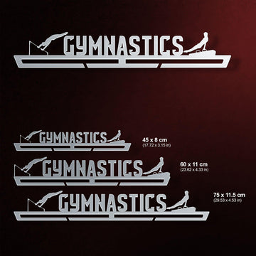 Multiple size options of the Gymnastics Medal Hanger Display MALE V2 shown with dimensions, perfect for displaying various medal quantities.
