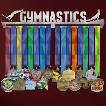 Gymnastics Medal Hanger Display MALE V2 showcasing colorful ribbons and various sports medals on a stainless steel rack with gymnast silhouettes.