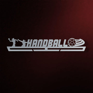 Stainless steel Handball Medal Hanger Display FEMALE with silhouettes of female players and a ball design, perfect for medal organization.