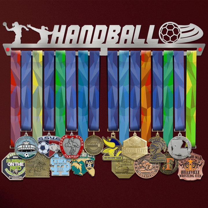 Handball Medal Hanger Display FEMALE holding colorful ribbons and various medals, ideal for showcasing female handball achievements.