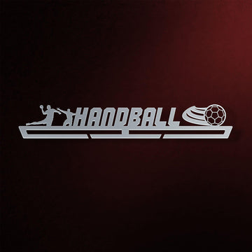 Stainless steel Handball Medal Hanger Display MALE featuring male player silhouettes and handball text cutout, ideal for organizing medals.