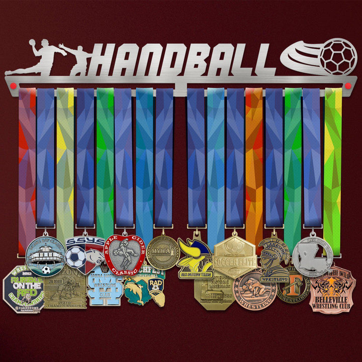 Handball Medal Hanger Display MALE showcasing colorful ribbons and various medals on a stainless steel rack with handball-themed cutout design.