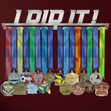 I Did It ! Medal Hanger Display showcasing colorful ribbons and various medals on a stainless steel rack, ideal for organizing achievements.