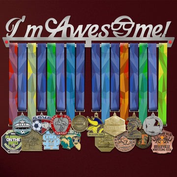I`m Awesome Medal Hanger Display with colorful ribbons and various medals hanging, ideal for organizing and showcasing achievements.