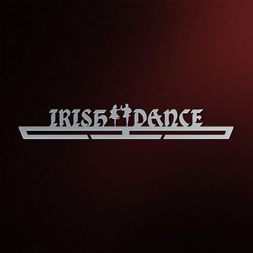 Stainless steel Irish Dance Medal Hanger Display V1 with elegant silhouette cutout of dancers and bold lettering, ideal for medal organization.