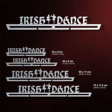 Irish Dance Medal Hanger Display V1 shown in four sizes with dimensions, offering options for different medal collection capacities.
