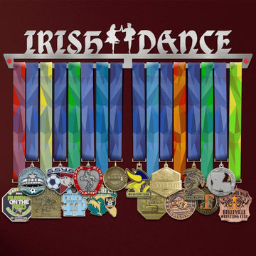 Irish Dance Medal Hanger Display V1 showcasing colorful ribbons and various medals on a stainless steel rack with 'Irish Dance' cutout design.