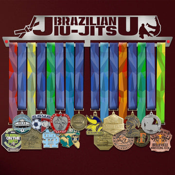 BJJ Brazilian Jiu Jitsu Medal Hanger Display V1 showcasing colorful martial arts medals on a stainless steel rack with cutout design.