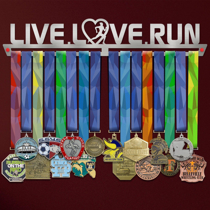 Live Love Run Medal Hanger Display FEMALE holding colorful race medals on a brushed stainless steel rack, ideal for female runners.